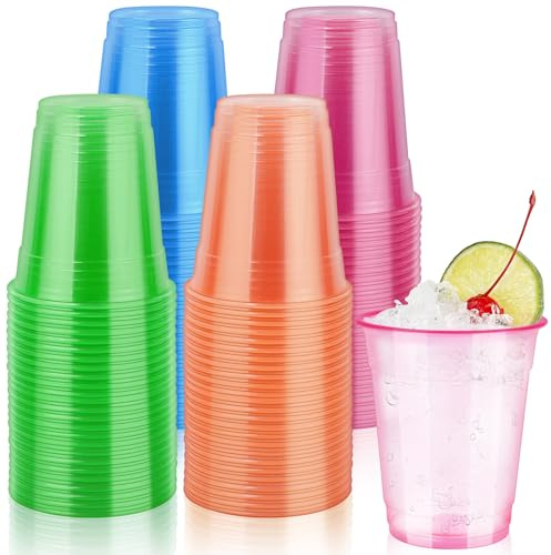 Tczecoo 100 Stück Bunte Hartplastik Partybecher, 350ml Mehrweg Partybecher, Leuchtende Neon Trinkbecher, wiederverwendbar Trinkbecher für Party Cocktail Events, 4 Farben