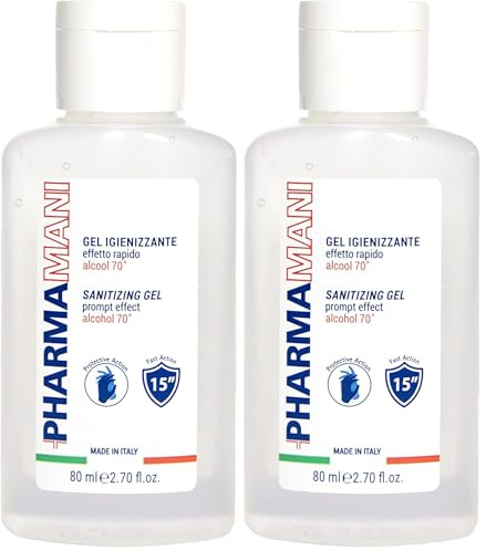 Pharmamani GEL IGIENIZZANTE MANI TASCABILE da 80 ml. 70% Alcool, Effetto Rapido, Non appiccica. Si assorbe subito. Idrata le mani. Profumo gradevole, Dermatologicamente Testato. (Confezione da 2)