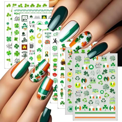 Lot de 10 autocollants pour ongles de la Saint Patrick - Trèfle vert 3D - Décoration d'ongles - Drapeau formel - Porte-bonheur pour femme - Design irlandais - Manucure
