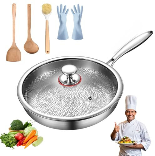 Knubbuf Sarten Mireve Acero 304, Sartén de Titanio Hammered Pan Pro, Sartenes de Titanio Sin Revestimiento con Tapa de 26/28/30/32/34 cm, para Cocinas de Gas, Eléctricas y de Inducción (28cm)