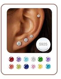 S925 Sterling Silver Stud Earrings Set April Birthstone Diamond Jewellery Gifts for Womens Ladies Girls 4 Pairs Women's Crystals Small Tiny Stackable Hypoallergenic Earrings Birthday Gifts