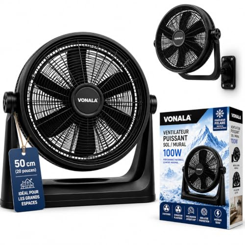 Vonala Ventilador de Suelo y Pared Industrial 100W Ventilador Potente 50cm Silencioso ABS Antivibración Fan Para Exterior e Interior Negro, Ventiladores Potentes Silenciosos