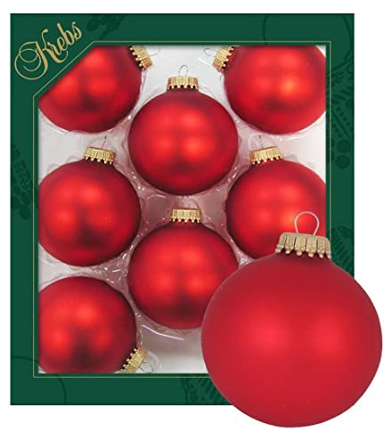 Dekohelden24 Lauschaer Christbaumschmuck - 8er Set Kugeln Uni Satin matt feuerrot, 6,7 cm, mit goldenem Krönchen + 50 Schnellaufhänger in Gold