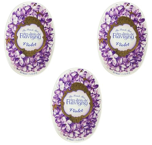 Les Anis de Flavigny French Anise Candy – Violet Flavor Hard Candy, Natural Gourmet Sweets in Classic Reusable Tin, 50g (1.75 oz) Each (Pack of 3)