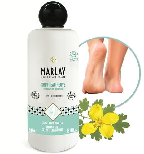 Marlay Cosmetics - Soin Peau Neuve 500 ml - Lotion Pieds Secs et Abimés à la Chélidoine Bio - 99% Origine Naturelle - Soigne Callosités, Cuticules, Cors & Crevasses - Végan - Fabriqué en France