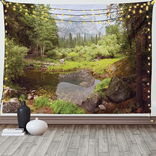 ABAKUHAUS Natur Wandteppich und Tagesdecke, Frühlings-Wald Berg aus Weiches Mikrofaser Stoff Waschbar ohne Verblassen Digitaldruck, 230 x 140 cm, Grün Braun Grau