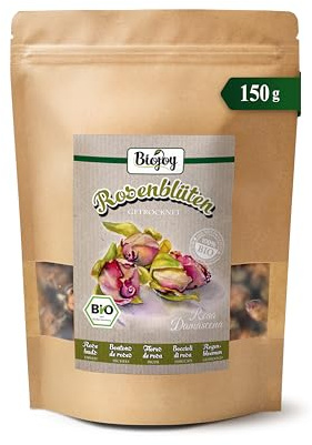 Biojoy Boutons de Roses séchées BIO (150 g), entiers, fleurs comestibles, thé à la rose (Rosa Damascena)