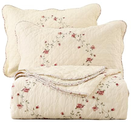 vctops 3-Piece Floral Embroidered Bedspread Coverlet Set 100% Cotton Reversible Patchwork 1 Quilt and 2 Pillow Shams Full/Queen, Flower