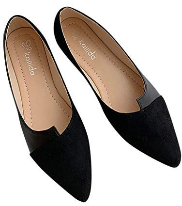 TOPEREUR Women's Ballerina Shoe Pointed Flats Slip On Sandals Faux Suede Summer Comfort Casual School Ballet Flat Loafer Slippers Dress Court Mules Black