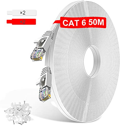 TBMax 50m Ethernet Kabel CAT6 extra lang Netzwerkkabel 1000 Mbit/s 250MHz High Speed Gigabit LAN Internet Kabel Flachkabel mit RJ45 Stecker für Router/Modem/Switch/PC/Laptop, weiß