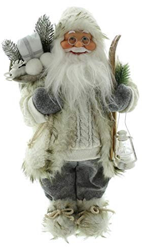 Dekoleidenschaft Dekofigur Winter 46 cm hoch, Weihnachtsmann aus Textil mit Kunstfell, Nikolaus mit Laterne, Ski & Geschenke-Sack, Santa Claus Figur, Christkind, Weihnachtsmannfigur, Nikolausfigur