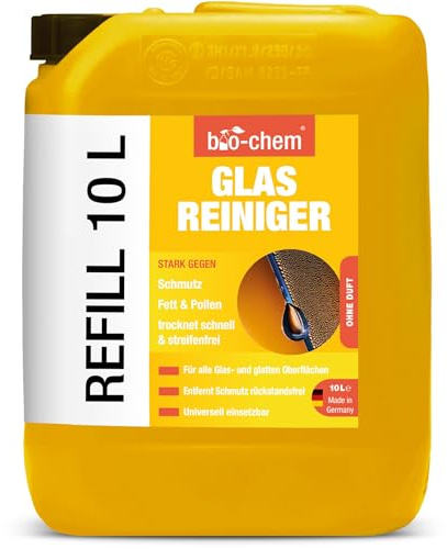 bio-chem Glasreiniger Hochglanzreiniger für streifenfreien Glanz | 10 Liter Kanister | Ideal für Glasflächen, Spiegel, Fenster, Autoscheiben, Küchenfronten und sonstige lackierte Oberflächen