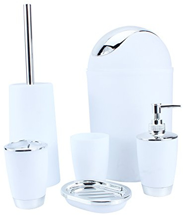 Dioche Juego de baño de 6 piezas, dispensador de jabón, vaso de inodoro, botella desinfectante para manos, set de baño y aseo, resina de protección ambiental