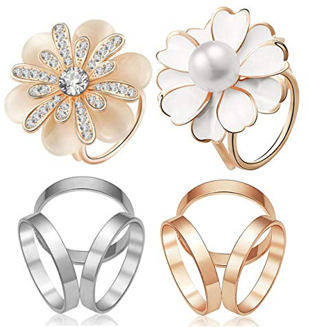 CAREOR 4 Stück Damen Mädchen Drei Ringe Seide Schals Clip Emaille Einfacher Stil Schal Ring Glatte Schnalle Frauen Zubehör für Kleidung Schal Schal, 4er-Packung, Metall