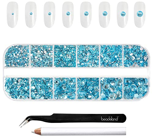 Beadsland 2500pcs Blaues Strass Set, gemischt, 8 Größen, Flatback Edelsteine, runde Kristall Strasssteine zum Basteln mit Pinzette und Stift (Aquamarin)