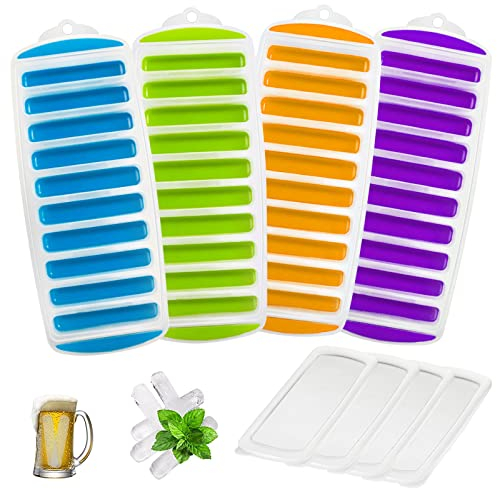 Bekecidi Juego de 4 moldes para hacer hielo con tapa extraíble, bandeja de hielo cilíndrica larga creativa, bandeja de cubitos de hielo con fondo de pegamento suave, fácil de liberar del molde