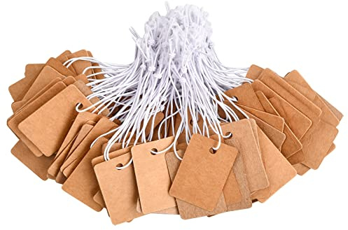 Xzeemo Lot de 100 étiquettes de prix 20 x 30 mm, étiquettes de marquage avec corde, mini étiquettes de prix pour bijoux, étiquettes en papier kraft blanc pour vêtements, bijoux, présentation