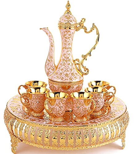 Turkish Coffee Cup and Tea Pot Set Including Teapot,Tea Tray,6 Metal Cups,Tea Service Set for Tea Table Decor,Hip Flask (White and Gold)