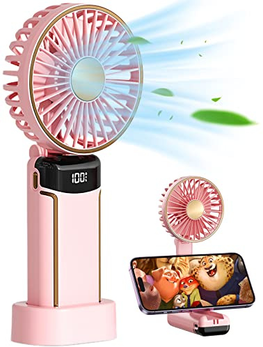 Fanadith Portable Fan Handheld Fan Rechargeable Mini Hand Held Fans 3000mAh USB Battery Powered Foldable Desk Fan with 5 Speeds LED Display Personal Fan for Travel Home Office Pink