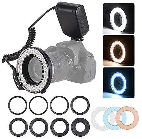 Anello Flash Light,HUIOP HD-130 ro LED Ring Flash Light Display LCD 3000-15000K GN15 Controllo alimentazione con 3 diffusori flash 8 anelli adattatori per fotocamere