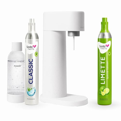 Sparpaket: Mysoda Woody - Wassersprudler aus erneuerbarem Holzkomposit mit 1L BPA-freier Plastikflasche, CO2-Zylinder Classic + CO2-Zylinder Limette (Weiß)