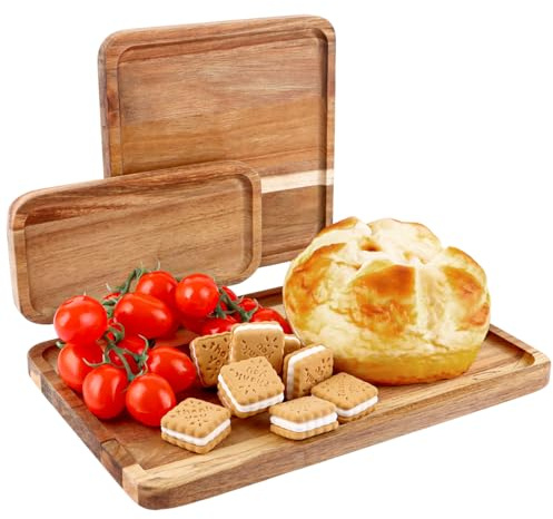 Oungy Holztablett Rechteckig 3er Set Tablett Holz aus Akazie, 30x20cm, 20x20cm, 20x10cm, Serviertablet Holz Dekotablett für Kaffee, Dessert, Snacks, Kleinteile