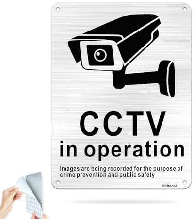 SINMAO CCTV in Operation Sign Silver Brushed Aluminum Self Adhesive Data Compliant GDPR 12x15cm(A5) CCTV Sign Outdoor Pre Drilled