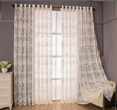 Mesnt Vorhänge Transparent, Fenster-Voile-Vorhänge mit gewebtem Gittermuster für Schlafzimmer und Wohnzimmer, Beige, 86 x 183 cm