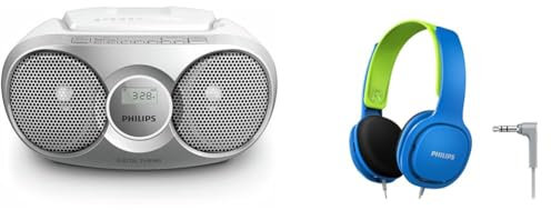 Philips Audio Az215S - Lecteur CD Portable Argent & Philips Audio SHK2000BL/00 Casque pour Enfant, Supra-Auriculaires Bleu/Vert, Bleu, Taille Unique