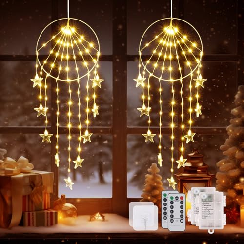 86 LED Weihnachtsdeko Fenster, 8 Modi Weihnachtsbeleuchtung mit Fernbedienung & Timer, Batterie Fensterbeleuchtung Weihnachten Traumfänger-Stil Lichterkette für Innen Fenster Wand(2 Stück)