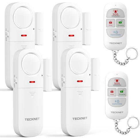TECKNET Door Alarm Sensor 4 Packs With Remote Control, Window Alarms for Security, 4 Modes, Adjustable Volume, Wireless Magnetic Door Sensor Burglar Alarm Systems for Your Home Security Systems