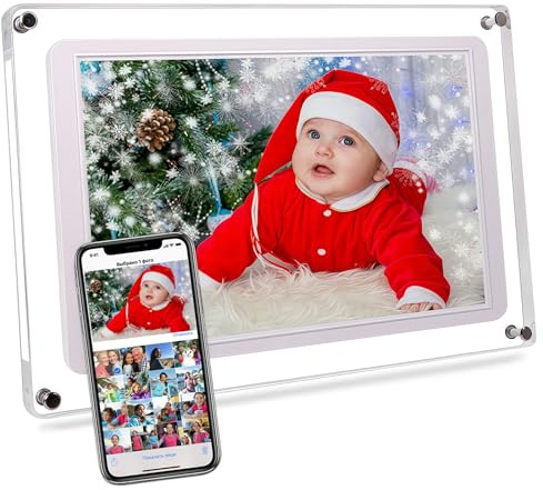 Maovz Cadre photo numérique Wi-Fi 10,1 avec application Frameo, design de cadre en acrylique, 32 Go de stockage, écran tactile IPS, rotation automatique, partage facile via application (10,1 pouces