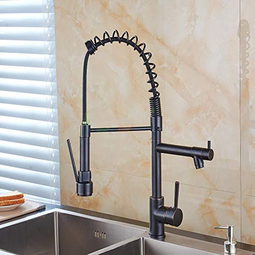 Kitchen Sink Faucet for Bar Farmhouse Commercial, Black/Chrome Brass Spring Type Kitchen Faucets,Fixed Support 360 Rotate Kitchen Faucet, Button Dual Spout Crane Sink Mixer Taps(Black,With hose size 1