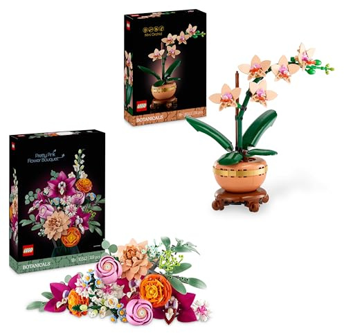 LEGO Blumendekor-Bundle – Enthält die Mini-Orchidee (10343) & den Schönen Rosafarbenen Blumenstrauß (10342) – Kunstblumen Bausätze – Zimmerdekoration – Geschenk zum Valentinstag für Frauen & Männer
