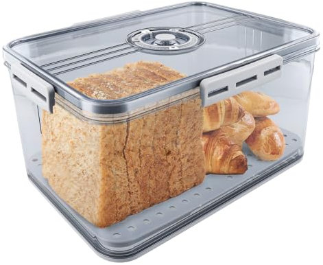 Bread Storage Containers - Airtight Bread Box with Lid, 6L Plastic Bread Container with Air Valve, Time Recording Breads Loaf Keeper for Buns, Bagels, Sandwiches, Grey Large