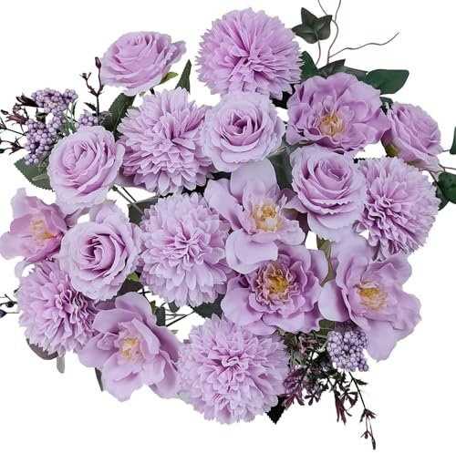Ramo de flores artificiales de color morado de 24 cabezas, rosas de seda lila, decoración de peonías, arreglos florales de crisantemo sintético para boda, ramos de novia y decoración de mesa del hogar