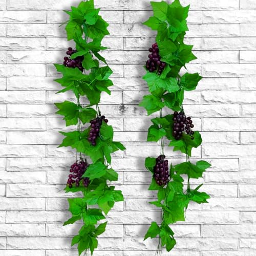 2 Pcs Künstliche Weinreben Kunststoff Traube 2,4 Meter ,Weintrauben Deko | Obst Lebensecht, Wein Dekorationen Weinblätter zur Schießrequisiten,Weinblätter für Deko Balkon, Gärten, Wände, Hotels