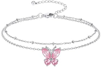 Richsteel Bracelets de Cheville pour Femme Argent Acier Inoxydable, Accessoire Papillon avec Pierres de Naissance Tourmaline Rose Longueur de 22 + 5 cm Réglable