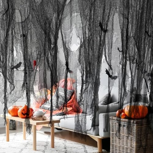 GIONAR 1.5x10.16M Halloween Creepy Cloth, Black Large Size Halloween Scary Spooky Cloth, Windows Doorways Cover Gauze for Halloween Party Haunted House Decorations