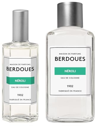 BERDOUES 1902 Eau de Cologne Néroli, Florale et Hespéridée, Made in France, Sans colorant, Parfum femme et homme. Lot vaporisateur 125ml et recharge 245ml