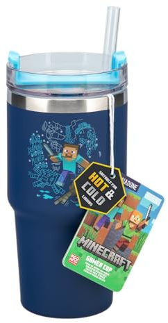 Paladone Minecraft 600ml Blue Insulated Gamer Cup and Straw, Officially Licensed Tumbler Water Bottle for Hot and Cold Drinks, Tea, Coffee, Gift for Boys