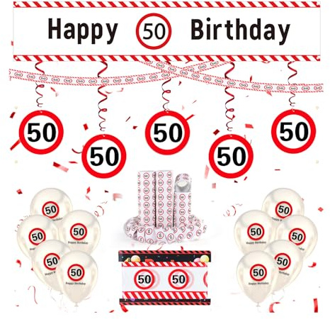 WenmthG 50 Geburtstag Deko Männer Frauen, 50. Geburtstag Deko mit Girlande, Luftballons, Absperrband, Luftschlangen, Banner - Verkehrsschild zum 50 Jahre, Verkehrszeichen 50. Geburtstagsdeko