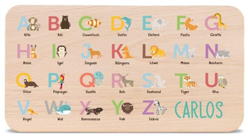 GRAVURZEILE - Bedrucktes Frühstücksbrettchen aus Holz - ABC Tiere - Personalisiert mit Namen - Geschenk zur Einschulung für Jungen & Mädchen - Kinder Schneidebrett