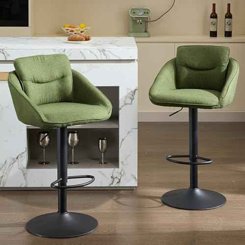 DAYALANE 360° Drehbar Barhocker 2er Set, Barstuhl Tresenhocker Höhenverstellbar Doppelschichtige Rückenlehne aus Leinen, Bar Stool für Küche Theke Bar Esszimmer Bistro Café, Grün