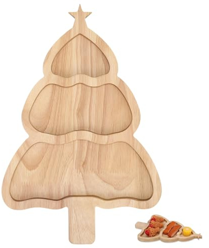 DEARMAMY Serviertablett aus Bambus in Weihnachtsbaumform – Vorspeisenplatte für Die Feiertagsparty mit Unterteilten Abschnitten für Snacks, Desserts Und Wurstwaren (29,79 X 20,89 cm)