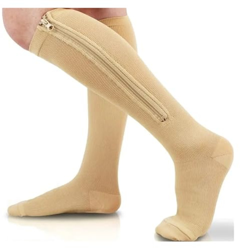calze compressione 1 paio di calze a compressione con cerniera da donna e uomo, elastiche in nylon punta chiusa(Beige,XXL)