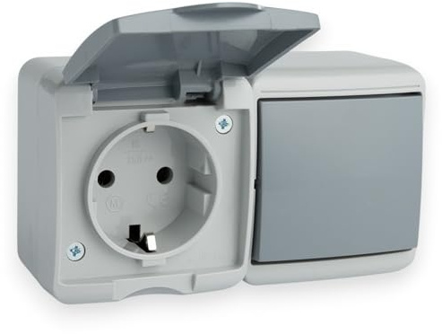 Aufputz 1-Fach Steckdose mit Deckel und Lichtschalter IP44 230V 16A, Grau | Wippschalter, Wippkontrollschalter, Staubdicht Feuchtraum, Aufputzsteckdose