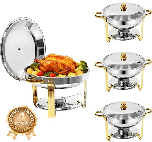 4-Pack Chafing Dish for Buffet Set, 6QT Round 304 Stainless Steel Buffet Food Warmers – Complete Set with Full Accessories for Catering, Wedding Events, Parties & Dinners