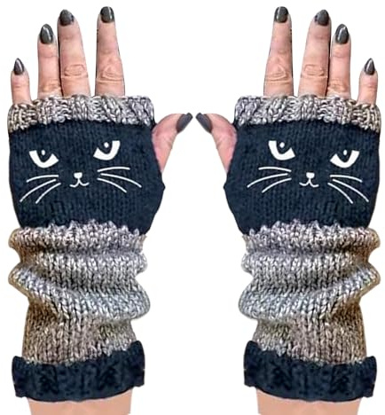 Liakyunf Gants Sans Doigts Tricotés,Broderie De Chat Accessoires Réchauffants - Gants Pour Temps Froid - Pour Amateurs De Chats Femmes Filles Trajet Quotidien Activités Extérieures Voyage