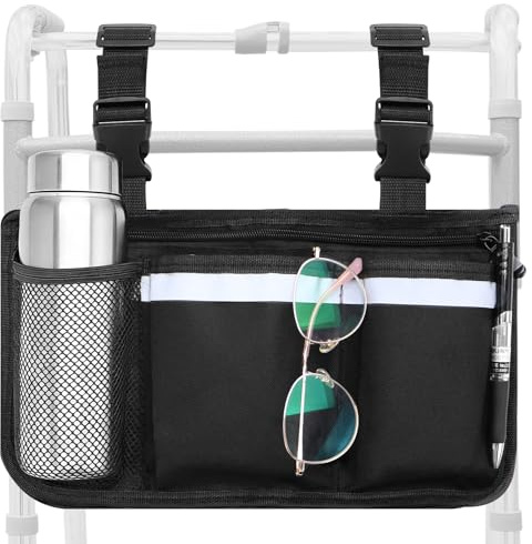 NCTNCX Armlehnentasche für Rollstuh, Rollator & Gehhilfe(Schwarz) | Rollstuhl Seitentasche mit Reflektorstreifen,Rollstuhltasche für Armlehne, Wheelchair Accessories